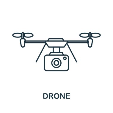 İHA simgesi. Teknoloji koleksiyonundan satır elemanı. Web tasarımı, bilgi grafikleri ve daha fazlası için doğrusal Drone simgesi işareti.