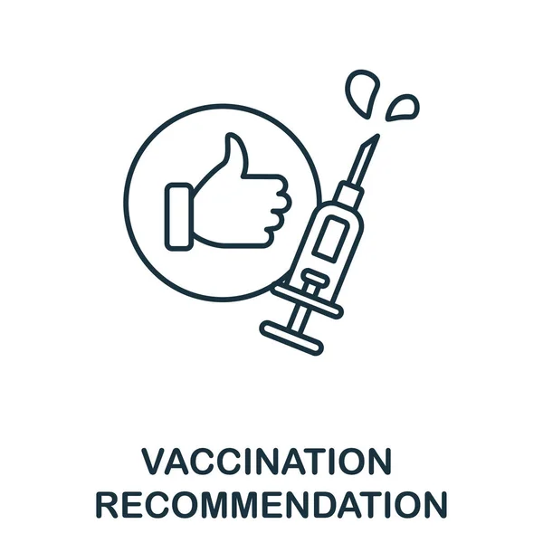 予防接種の推奨アイコン。ワクチン接種コレクションからのライン要素。ウェブデザイン、インフォグラフィックなどのための線形ワクチン推薦アイコンのサイン. — ストックベクタ