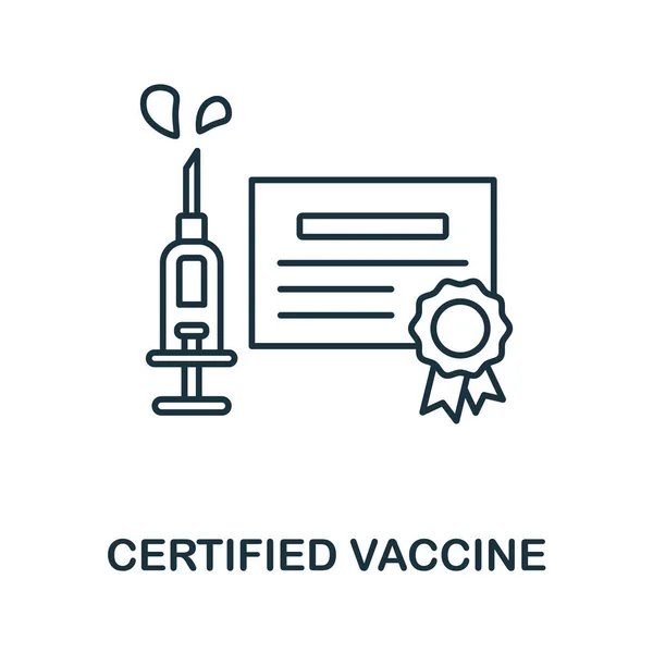 ワクチン認定。ワクチン接種コレクションからのライン要素。Webデザイン、インフォグラフィックなどのための線形認定ワクチンアイコンのサイン. — ストックベクタ