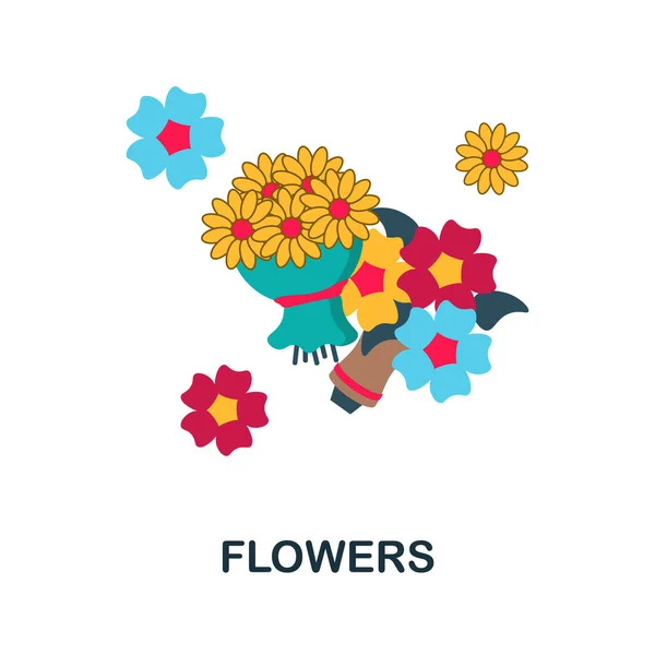 Icono plano de flores. Signo de elemento de color de la colección de celebración. Signo de icono de flores planas para diseño web, infografías y más. Ilustración de stock