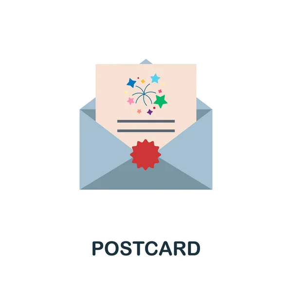 Płaska ikona pocztówki. Kolorowy znak elementu z kolekcji świętowania. Płaska ikona pocztówki do projektowania stron internetowych, infografik i innych. — Wektor stockowy