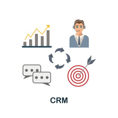 Crm düz simge. Pazar entegrasyon koleksiyonundan renkli eleman işareti. Web tasarımı, bilgi grafikleri ve daha fazlası için Düz Crm simgesi işareti.