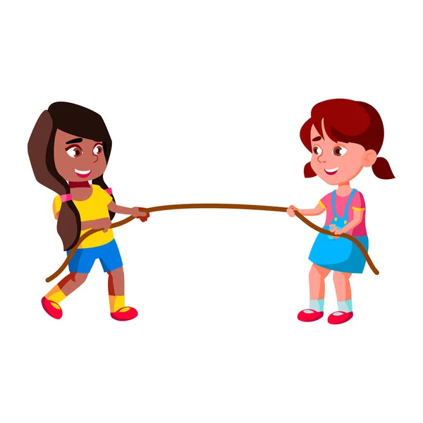 Preteen Schoolgirls Pulling Rope Sport Game Vector — Stock Vector