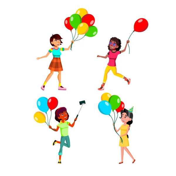 Teens Mädchen gehen mit Luftballons Set Vektor — Stockvektor