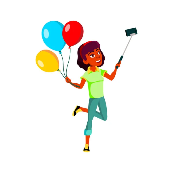 Girl Teen Make Selfie With Air Balloons Vector — Stock Vector