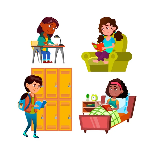 Scuola ragazze bambini lettura libro set vettoriale — Vettoriale Stock