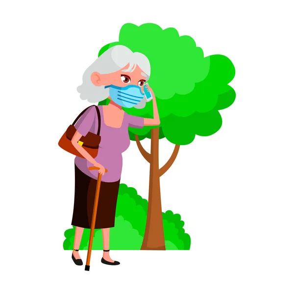 Mulher velha usando vetor máscara —  Vetores de Stock