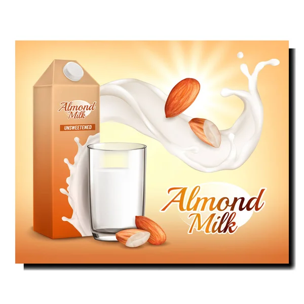 Bebida de leche de almendras vector cartel de vidrio — Vector de stock