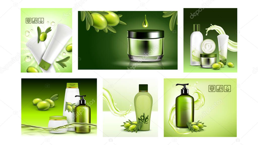 Olive Cosmetics Creative Promo Posters Set Vector
