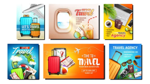 Tourism travel banner airplane set vector — Wektor stockowy