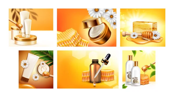 Honig Kosmetik Hautpflege Hintergrund Poster Set Vektor — Stockvektor