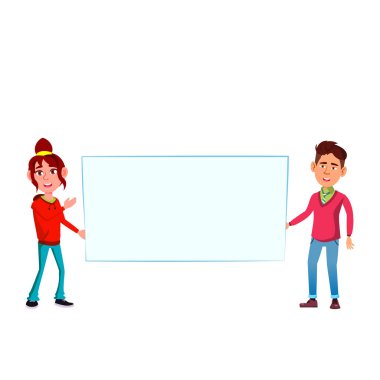 Erkek ve Kız Öğrenciler Boş Sancak Vektörü Tutuyorlar