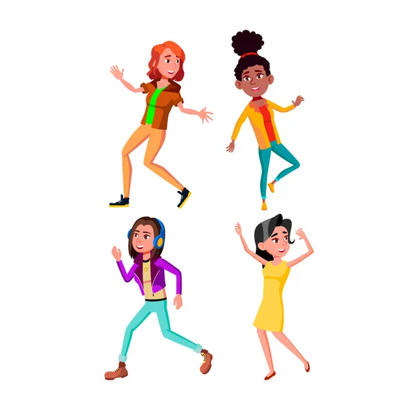 Meisjes tieners dansen op de dansvloer set vector — Stockvector