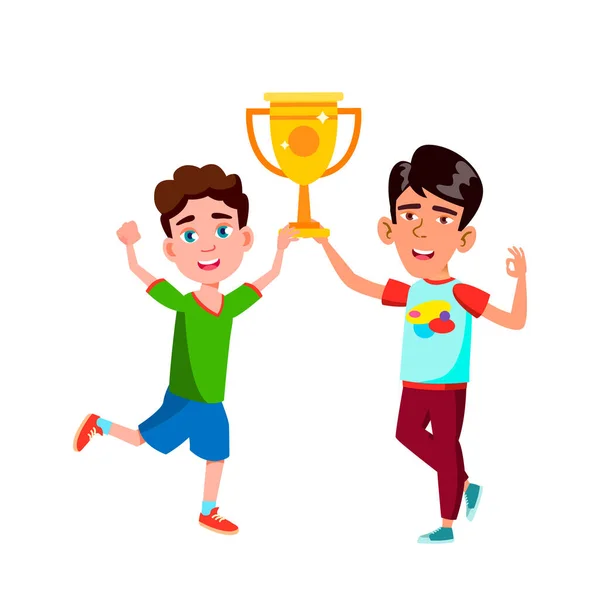 Αγόρια παιδιά με τρόπαιο Κύπελλο Γιορτάστε τη νίκη διάνυσμα — Διανυσματικό Αρχείο