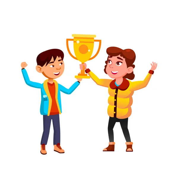 Schoolboy και Schoolgirl Holding Trophy Κύπελλο Διάνυσμα — Διανυσματικό Αρχείο