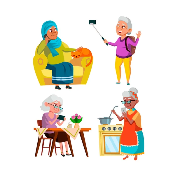 Old Women Grandma Using Mobile Phone Set Vector — Stock Vector