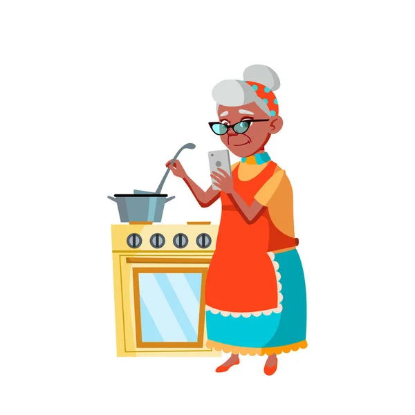 Old Woman Cooking And Using Mobile Phone Vector — Stock Vector