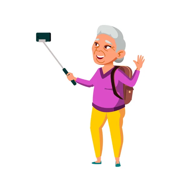 Vecchia nonna fare selfie su telefono vettoriale — Vettoriale Stock