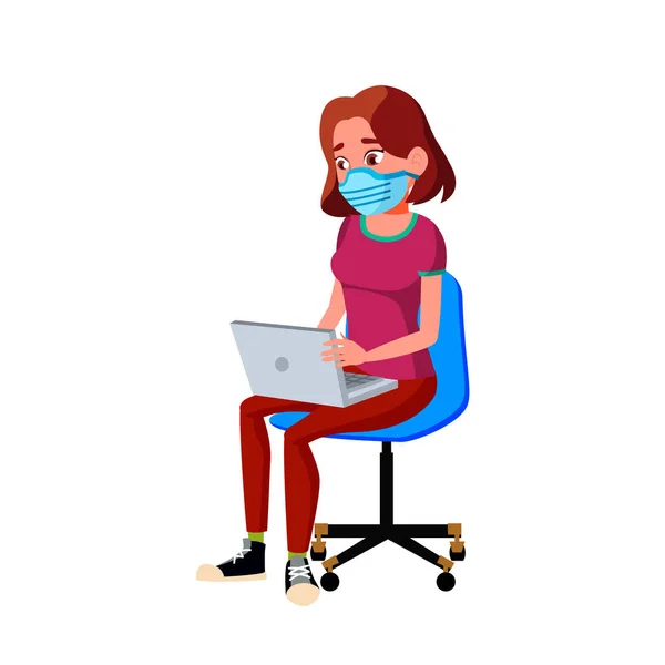Giovanissima ragazza indossando maschera e lavoro su computer portatile vettore — Vettoriale Stock
