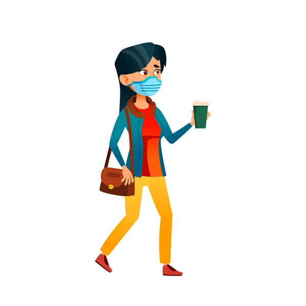 วัยรุ่นสาวสวมหน้ากากเดินกับถ้วยกาแฟเวกเตอร์ ภาพประกอบสต็อกที่ปลอดค่าลิขสิทธิ์