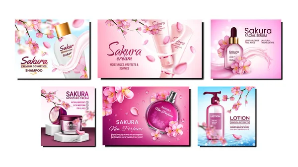Sakura Natural Cosmetics Promo Posters Set Vector Stock Vector