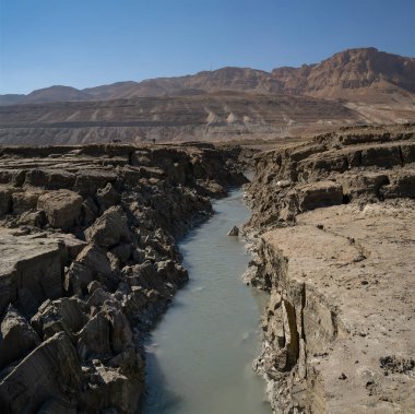 Ölü denize akan bir su deresini izleyen turistler, İsrail, çizgili çamur duvarları arasında..