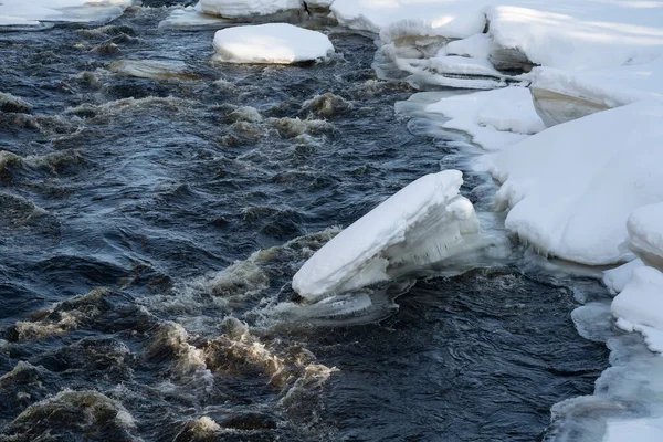Masses of thawing ice and snow on gushing river water.