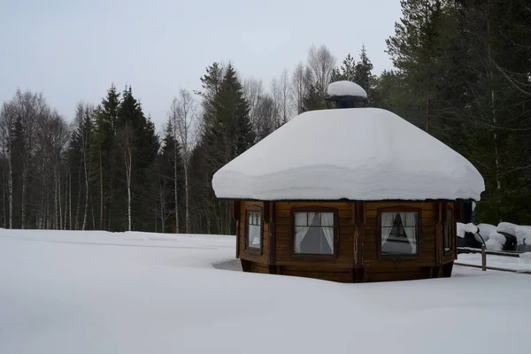 Rovaniemi Finland Maart 2022 Een Houten Hut Een Besneeuwd Dennenbos — Stockfoto