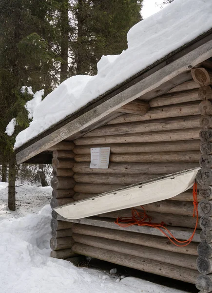 Rovaniemi Finland March 19Th 2022 Rescue Sledge Wall Log Cabin — стоковое фото