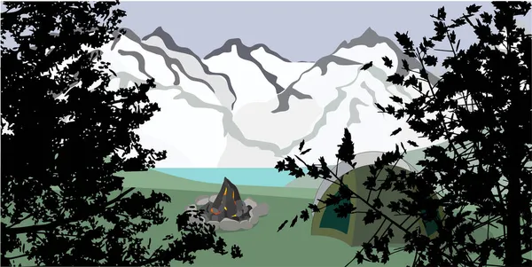 Web Montagna Vista Lago Tenda Sfondo Vettore Illustrazione — Vettoriale Stock