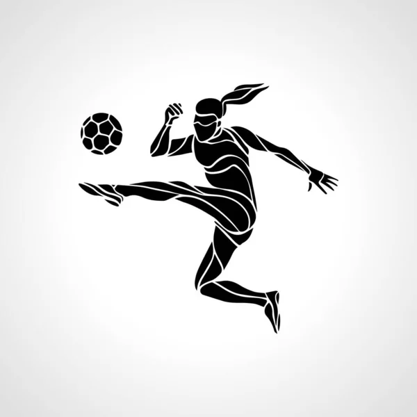 Futebol Feminino. Menina jogador de futebol silhueta chuta a bola — Vetor de Stock