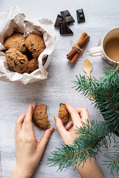 Mãos de mulheres com biscoitos de chocolate e um ramo de abeto — Fotografia de Stock