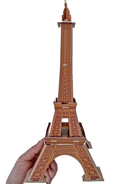 Person Holds His Hand Eiffel Tower Made Puzzle — Stock Photo, Image