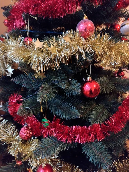 Árvore Natal Com Decorações Close — Fotografia de Stock