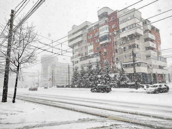 Nevica Nella Città Baia Mare Romania — Foto Stock