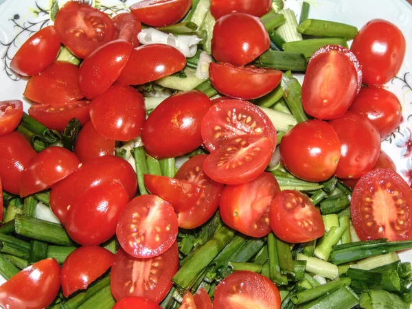 Salade Tomates Cerises Oignon Concombre Gros Plan — Photo