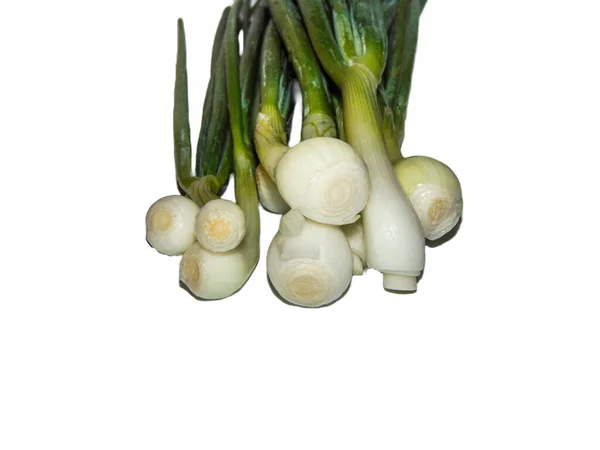 Mehrere Stücke Grüne Zwiebeln Isoliert Auf Weiß — Stockfoto