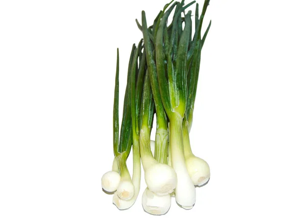 Mehrere Stücke Grüne Zwiebeln Isoliert Auf Weiß — Stockfoto