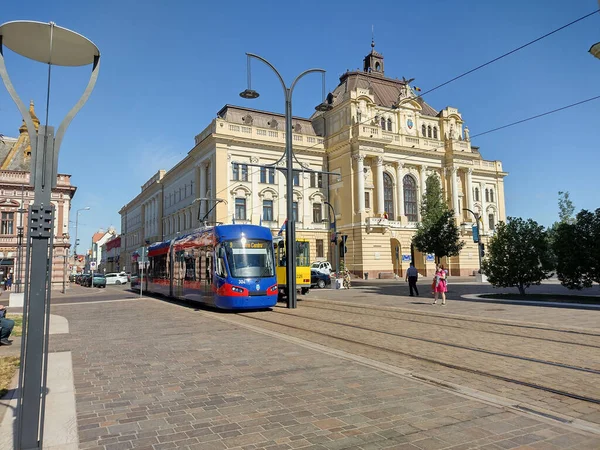 Oradea Romania July 2022 Two Trams Oradea City Hall Building — Fotografia de Stock