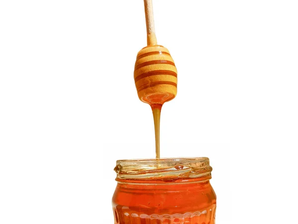 Polyflora Bee Honey Flowing Jar Wooden Spoon Concept Beekeeping — ストック写真