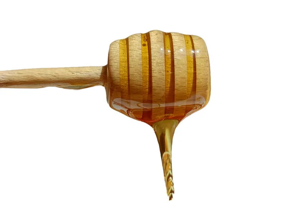 Polyfloral Bee Honey Flowing Wooden Spoon Concept Beekeeping — Stock fotografie