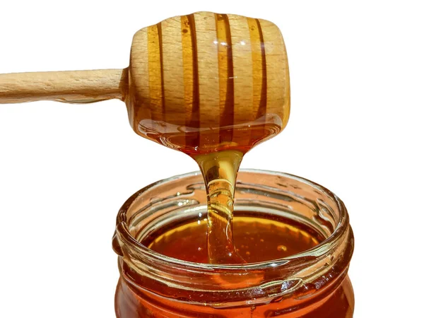 Polyflora Bee Honey Flowing Jar Wooden Spoon Concept Beekeeping —  Fotos de Stock