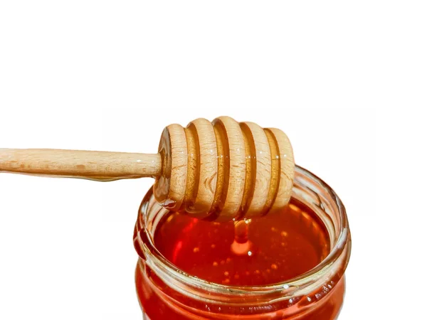 Polyflora Bee Honey Flowing Jar Wooden Spoon Concept Beekeeping — Stockfoto