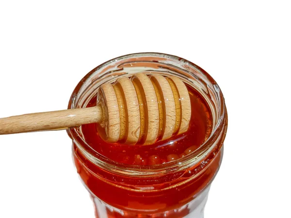 Polyflora Bee Honey Flowing Jar Wooden Spoon Concept Beekeeping — Stock fotografie