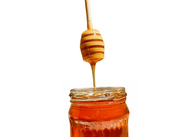 Polyflora Bee Honey Flowing Jar Wooden Spoon Concept Beekeeping — Foto de Stock