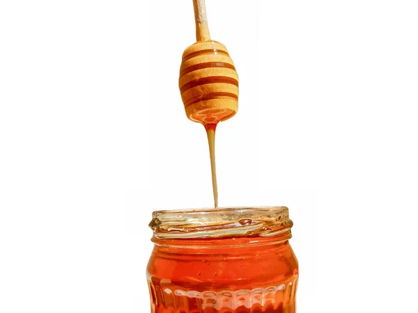 Polyflora Bee Honey Flowing Jar Wooden Spoon Concept Beekeeping — ストック写真