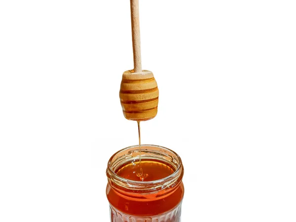Polyflora Bee Honey Flowing Jar Wooden Spoon Concept Beekeeping — Foto de Stock