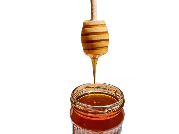 Polyflora Bee Honey Flowing Jar Wooden Spoon Concept Beekeeping — ストック写真