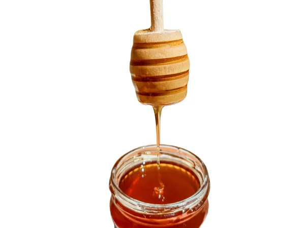 Polyflora Bee Honey Flowing Jar Wooden Spoon Concept Beekeeping – stockfoto