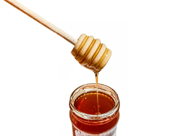 Polyflora Bee Honey Flowing Jar Wooden Spoon Concept Beekeeping — Stockfoto